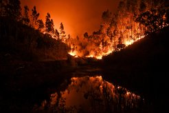 Blick bei Nacht über ein Gewässer, über dessen Uferböschungen beidseits der Feuerschein eines Waldbrands zu sehen ist. Die Böschungslinien treffen sich in der Bildmitte und spiegeln sich im Wasser.