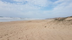 Expansive sandy beach with scattered footprints, gentle ocean waves, and distant cliffs under a partly cloudy sky.